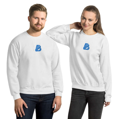 Unisex-Pullover N°26 modeled by a man and woman, featuring a white, preshrunk, soft cotton-polyester blend with ribbed cuffs.