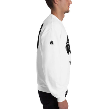 Side view of a person wearing the Unisex-Pullover N°0, a classic fit, pre-shrunk sweater made from soft, breathable cotton-polyester blend.