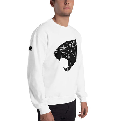 Unisex-Pullover N°0 in white with a geometric panther design, durable and warm for cold months, classic fit, made of 50% cotton and 50% polyester.