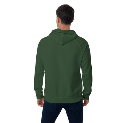 Back view of a person wearing a green Unisex Bio-Raglan-Hoodie N°2 for casual style and comfort.