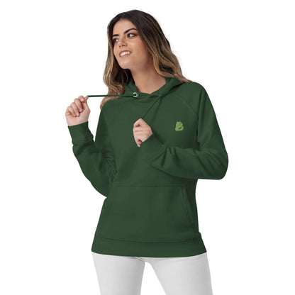 Model wearing Unisex Bio-Raglan-Hoodie N°0 in green, showcasing comfortable and stylish design for casual and chic outfits.