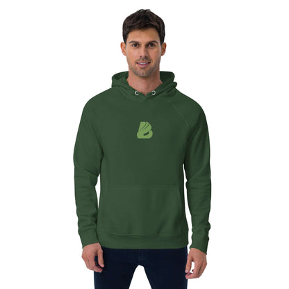 Person wearing Unisex Bio-Raglan-Hoodie N°2 in green with logo, showcasing comfort and style.