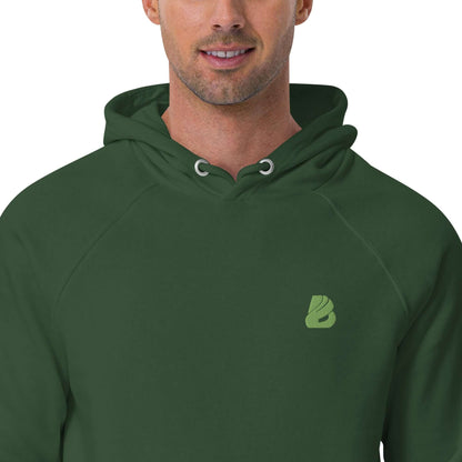 Man wearing Unisex Bio-Raglan-Hoodie N°0 in green, featuring a soft texture and comfortable fit.