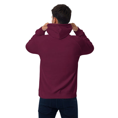 Rear view of person wearing Unisex Bio-Raglan-Hoodie N°0 in burgundy color with hood up, showcasing casual and comfortable style.
