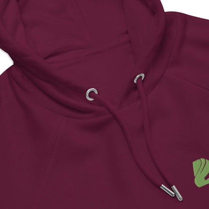 Detail view of Unisex Bio-Raglan-Hoodie N°0 in rich burgundy color with drawstrings and logo embroidery.