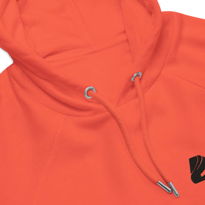 Close-up of an orange Unisex Bio-Raglan-Hoodie N°1 showing hood and drawstring details.