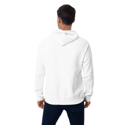Back view of person wearing white Unisex Bio-Raglan-Hoodie N°0, showcasing comfort and style.