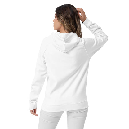 Rear view of model wearing white Unisex Bio-Raglan-Hoodie N°0 showing comfy design and relaxed fit.