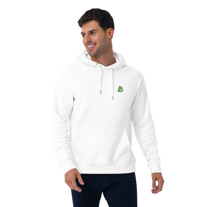 Unisex Bio-Raglan-Hoodie N°0 in white, worn by a smiling model. Perfect for stylish comfort with jeans or paired for a chic look.