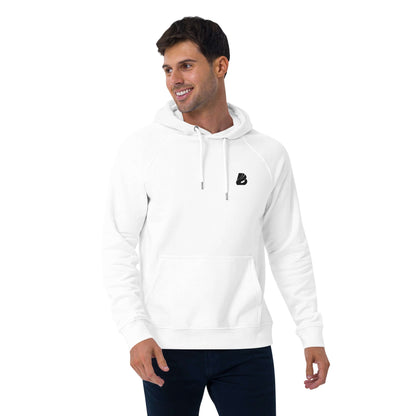Man wearing Unisex Bio-Raglan-Hoodie N°1 in white, standing casually and smiling.