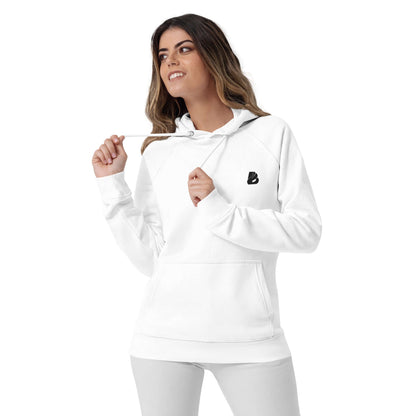 Woman wearing Unisex Bio-Raglan-Hoodie N°1 in white, showcasing comfort and style for versatile fashion.