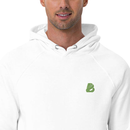 Model wearing Unisex Bio-Raglan-Hoodie N°0 in white with green logo, showcasing soft fabric and stylish comfort.