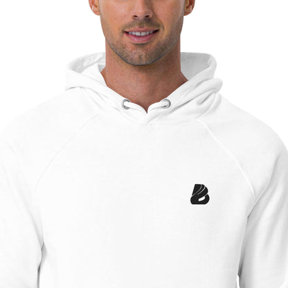 Person wearing Unisex Bio-Raglan-Hoodie N°1 in white with black emblem, showcasing comfort and style.