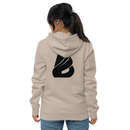 Person wearing Umweltfreundlicher Unisex-Kapuzenpullover N°0 with eco-friendly design, two-layered hood, and front pocket.