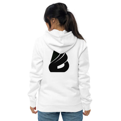 Rückansicht des Umweltfreundlicher Unisex-Kapuzenpullover N°0, getragen von einer Person, mit aufgedrucktem Logo, nachhaltige Mode.