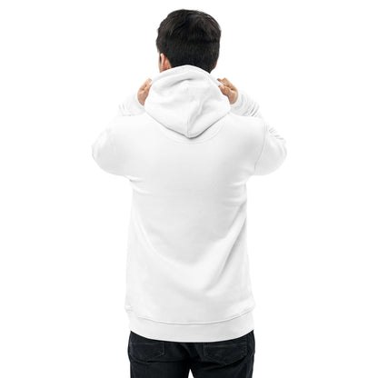 Person wearing Umweltfreundlicher Unisex-Kapuzenpullover N°1 made of organic cotton and recycled polyester, back view.