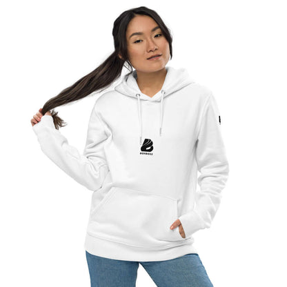 Umweltfreundlicher Unisex-Kapuzenpullover N°0 in Weiß, aus organischer Baumwolle und recyceltem Polyester, mit zweilagiger Kapuze.