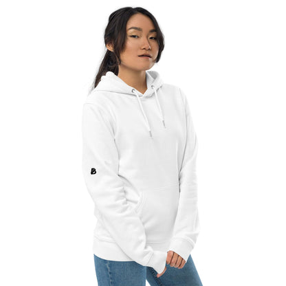 Model wearing Umweltfreundlicher Unisex-Kapuzenpullover N°1, eco-friendly hoodie made from organic materials, front view.