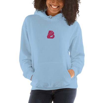 Unisex-Kapuzenpullover N°44 in light blue with soft fabric and double-layered hood, featuring pink logo design for cozy evenings.