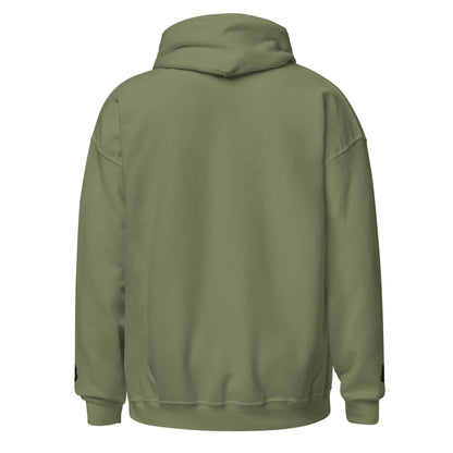 Back view of Unisex-Kapuzenpullover N°46 in green, featuring soft fabric and double-layered hood for style and comfort.