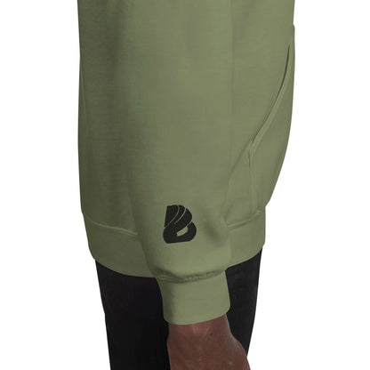 Close-up of Unisex-Kapuzenpullover N°46 in olive color, showcasing stylish logo on sleeve and pocket details.