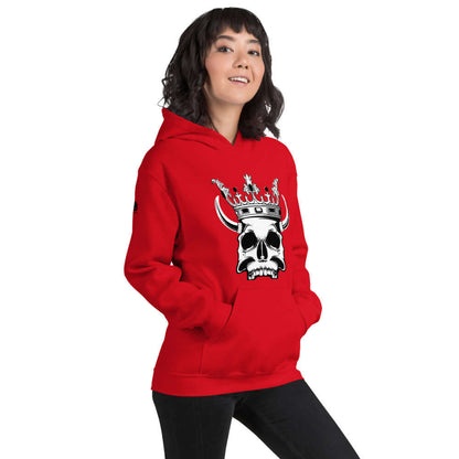Unisex-Kapuzenpullover N°1 in Rot mit Totenkopf und Krone, ideal zum Einkuscheln an kühlen Abenden, aus Baumwolle und Polyester.