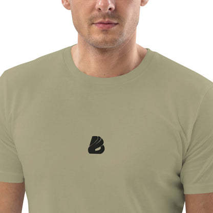 Unisex-Bio-Baumwoll-T-Shirt N°0 in beige with black logo, made from 100% organic cotton, displayed on model, eco-friendly fashion.