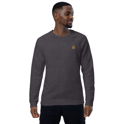 Model wearing Unisex Bio-Raglan-Pullover N°0 in charcoal color, made from 100% organic cotton with a brushed fleece lining.