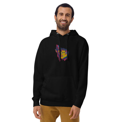 Man wearing black Unisex-Kapuzenpullover N°39 with colorful design, featuring kangaroo pocket and warm hood.