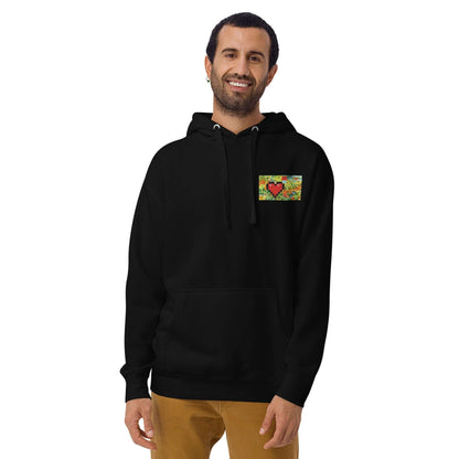 Unisex-Kapuzenpullover N°45 with heart design, black color, model wearing comfortable hooded streetwear with kangaroo pocket.