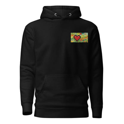 Unisex-Kapuzenpullover N°45 with colorful heart design and kangaroo pocket, perfect streetwear for cool evenings.