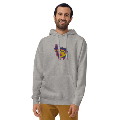 Model wearing Unisex-Kapuzenpullover N°39 in gray with colorful graphic design, showcasing front kangaroo pocket and drawstring hood.