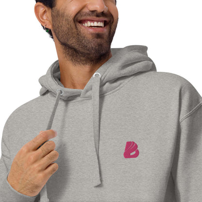 Unisex-Kapuzenpullover N°22 in grey with logo, featuring soft fabric and kangaroo pocket, perfect for cool evenings.