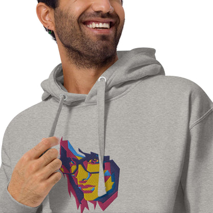 Unisex-Kapuzenpullover N°39 in grey with colorful face design, comfy kangaroo pocket, warm hood. Perfect streetwear for cool evenings.