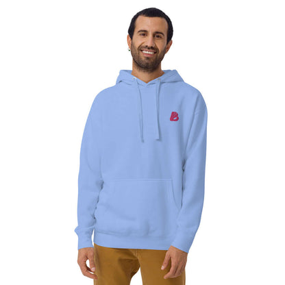 Unisex-Kapuzenpullover N°22 in blue with embroidered logo, featuring a warm hood and kangaroo pocket, ideal for streetwear style.