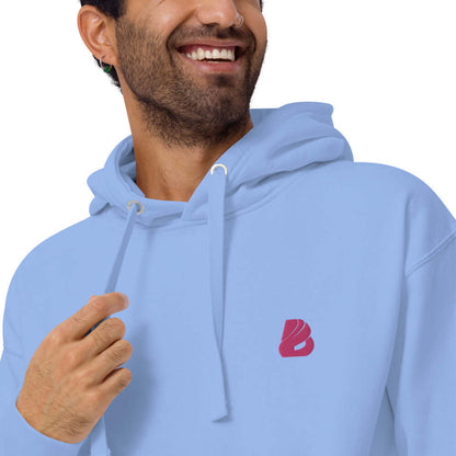 Unisex-Kapuzenpullover N°22 in light blue with a pink logo, featuring a cozy hood and kangaroo pocket for stylish streetwear.