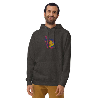 Model wearing Unisex-Kapuzenpullover N°39 with colorful design, showcasing front view with kangaroo pocket and adjustable drawstring hood.