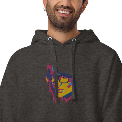 Man wearing Unisex-Kapuzenpullover N°39 featuring cool graphic design and kangaroo pocket, ideal for casual streetwear style.