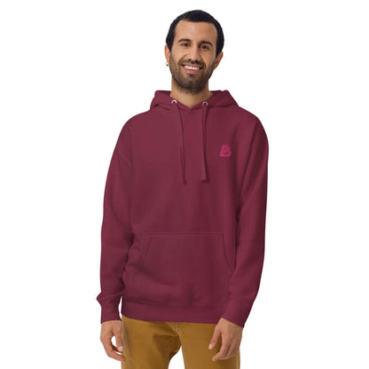 Unisex-Kapuzenpullover N°22 in maroon with kangaroo pocket and drawstring hood, perfect for cool evenings.
