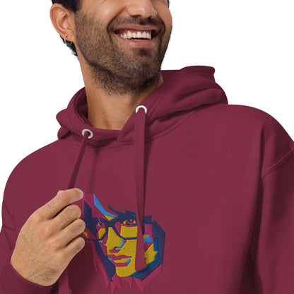 Unisex-Kapuzenpullover N°39 in burgundy with a cool graphic design, featuring a comfortable hood and kangaroo pocket.
