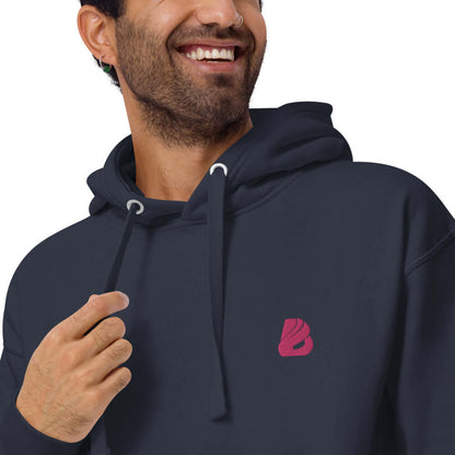 Stylish Unisex-Kapuzenpullover N°22 in navy with a subtle logo, featuring a comfortable kangaroo pocket and cozy hood.