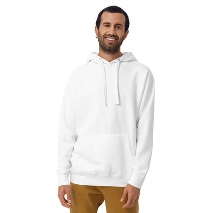 Model wearing white Unisex-Kapuzenpullover N°22 with kangaroo pocket and hood, showcasing soft streetwear design.