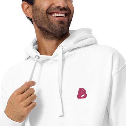 Unisex-Kapuzenpullover N°22, weißer Hoodie mit fuchsiafarbenem Logo, ideal für kühle Abende, Streetwear-Design mit Känguru-Tasche.