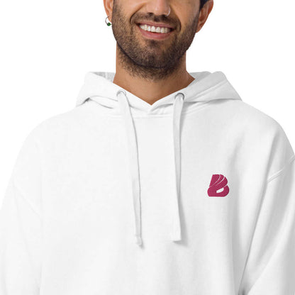 Unisex-Kapuzenpullover N°22 in Weiß mit Kängurutasche und Logo, ideal für kühle Abende, aus Baumwolle und Polyester.
