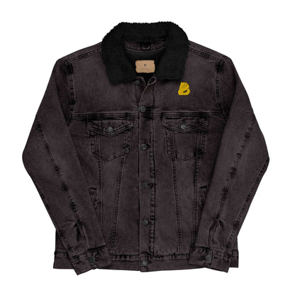Unisex Sherpa Jeansjacke N°0 - classic black denim jacket with cozy Sherpa lining, warm and sustainable fashion choice.