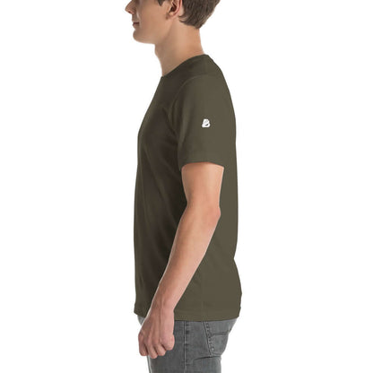 Side view of model wearing Unisex-T-Shirt N°0, showcasing soft, lightweight material and perfect fit in olive color.
