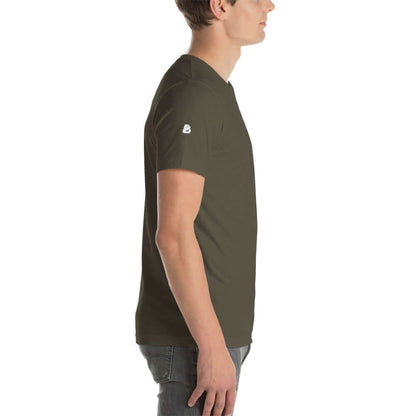 Side view of Unisex-T-Shirt N°0 in olive green, made from soft and lightweight cotton, perfect fit for comfort, featuring durable construction.