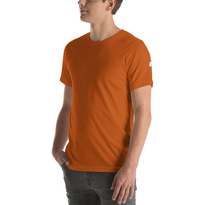 Man wearing an orange Unisex-T-Shirt N°0, showcasing soft, lightweight fabric with perfect elasticity and comfort.