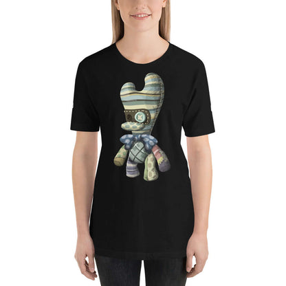 Kurzärmeliges Unisex-T-Shirt N°2 mit kreativem Herzprint-Design, Modell trägt schwarzes Shirt, bequem und aus Baumwolle.