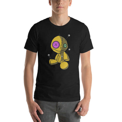 Kurzärmeliges Unisex-T-Shirt N°3 with colorful stitched design and yellow voodoo doll graphic, soft cotton for comfort.
